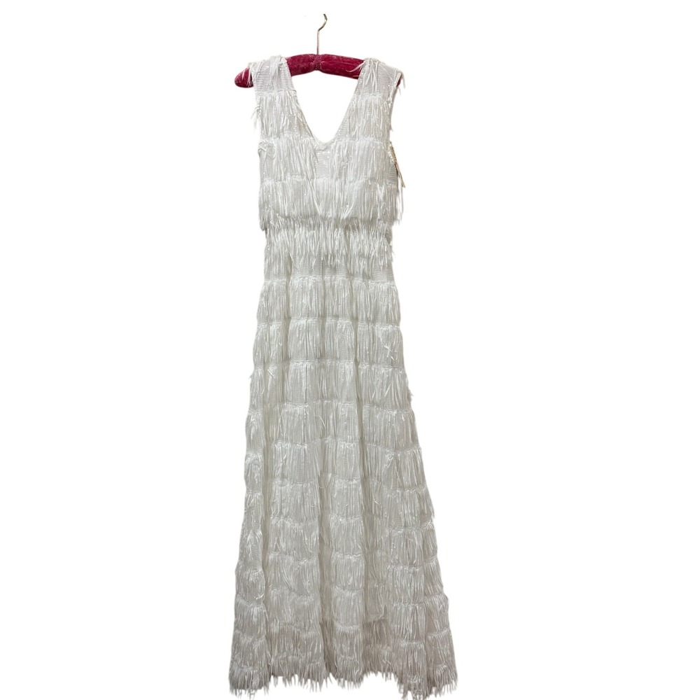 Southern Fried Chics White Fringe Maxi Dress Sequin Tiered V-Neck Medium L152-10